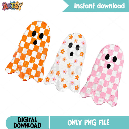 Retro Checkered Ghost PNG Bundle, Halloween Ghost PNG, Cute Ghost PNG