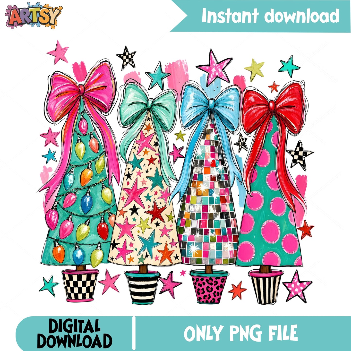 Retro Christmas Trees With Bows PNG, Disco Christmas PNG, Holiday PNG