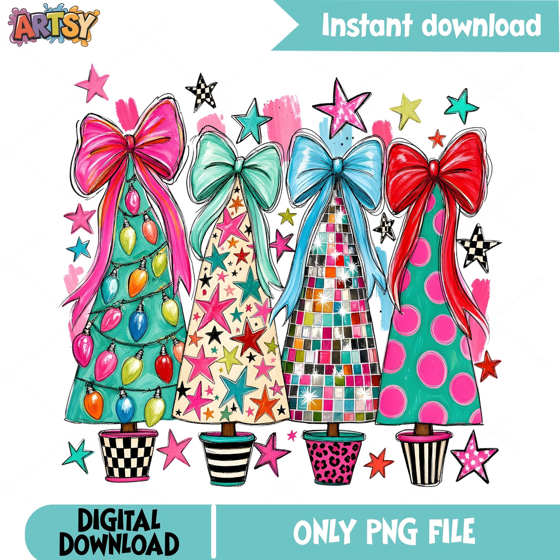 Retro Christmas Trees With Bows PNG, Disco Christmas PNG, Holiday PNG