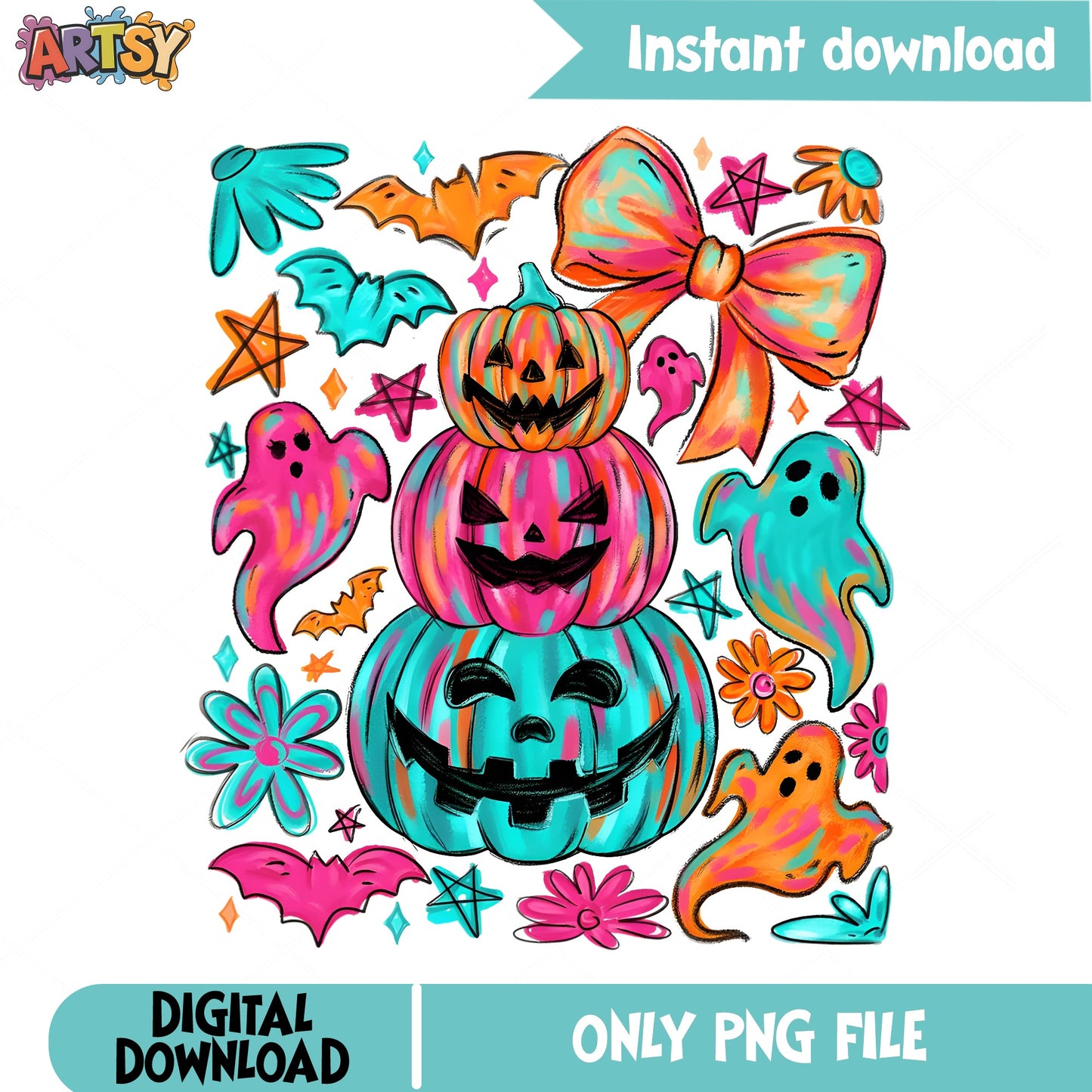 Retro Halloween Pumpkin Stack PNG, Coquette Bow Ghost, Spooky PNG