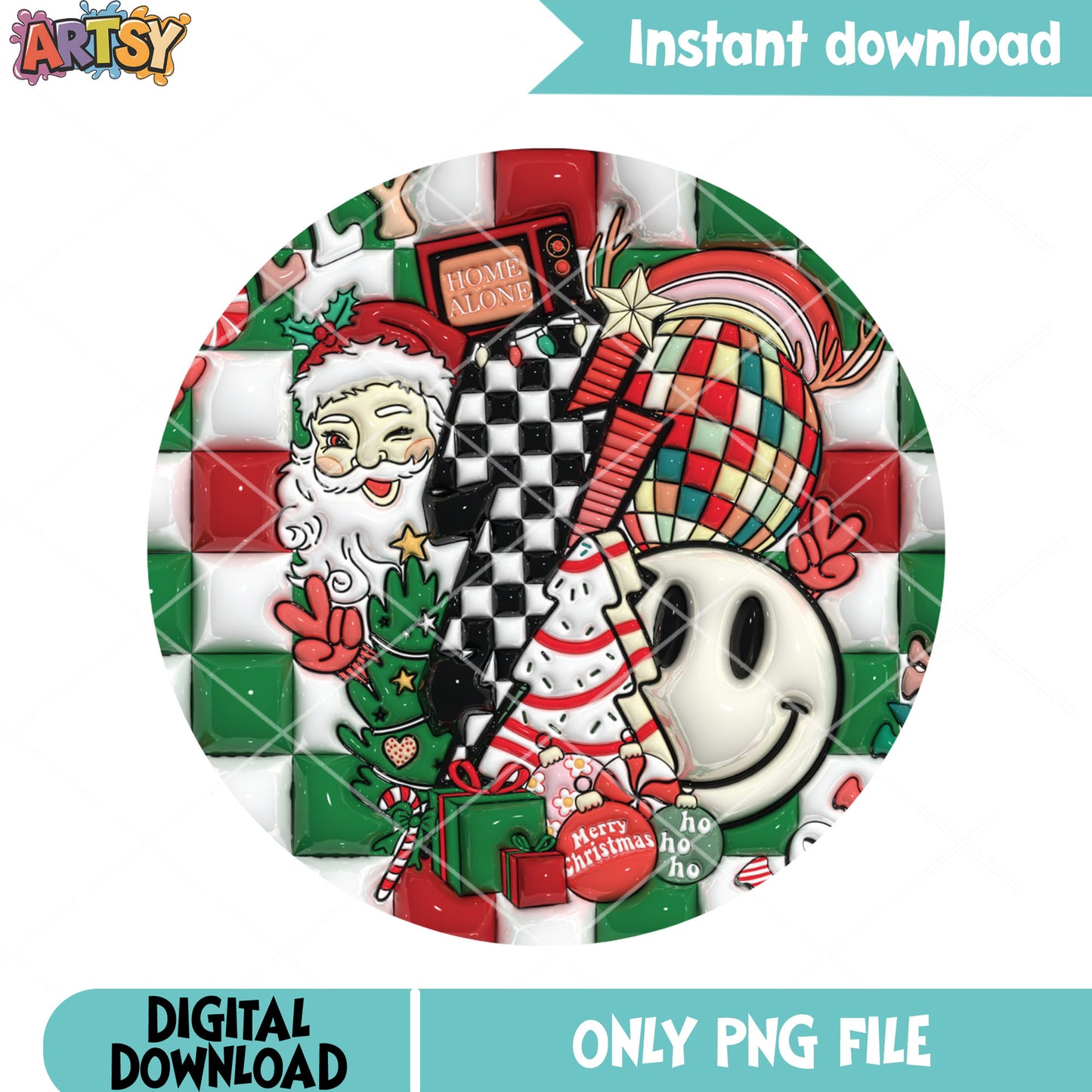 Retro checkered christmas png, smiley face disco ball png, groovy png