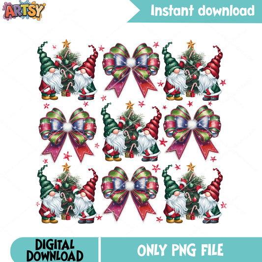 Retro colorful gnome png, santa coquette png, chritmas bow png