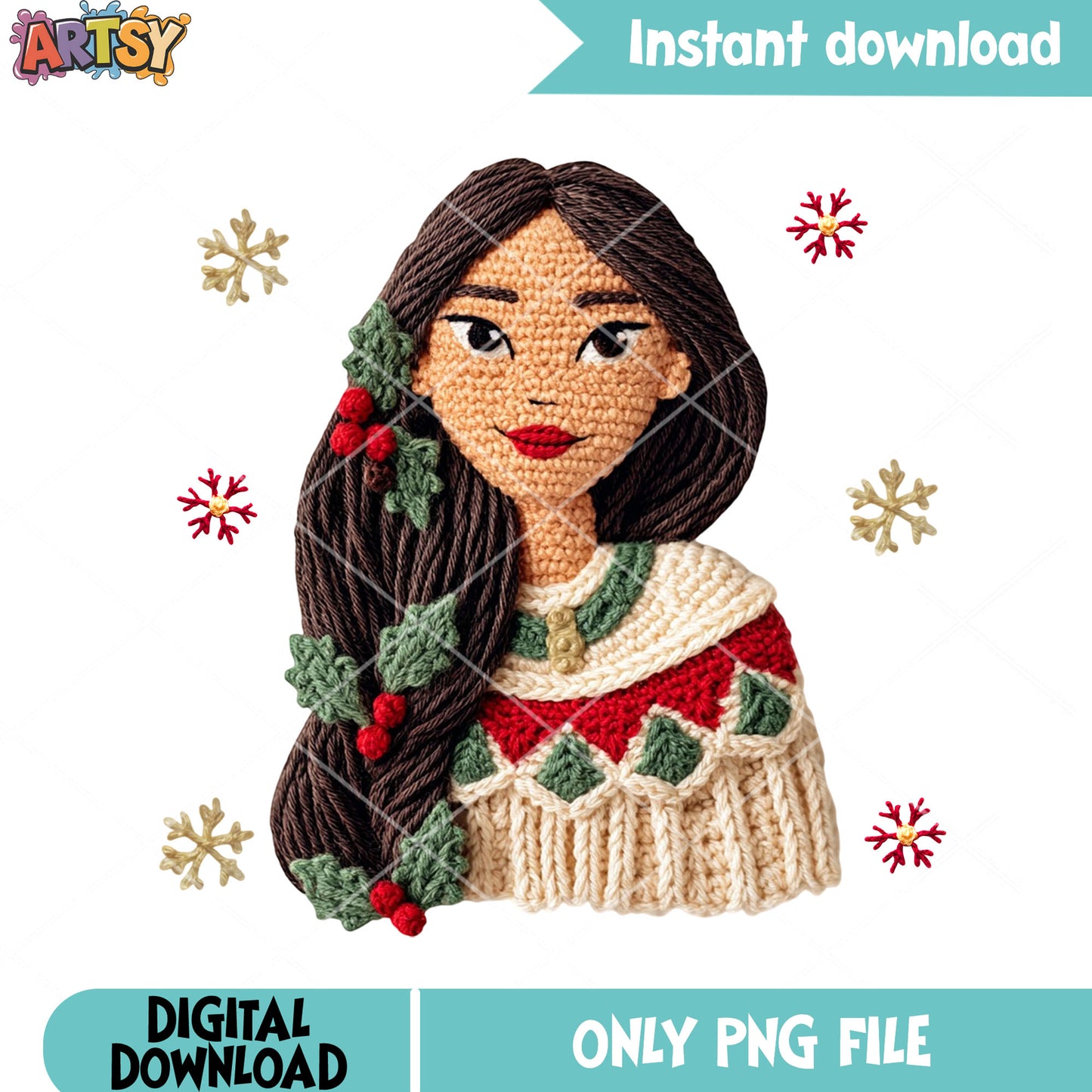 Retro disney Crochet png, mulan png, disney christmas png
