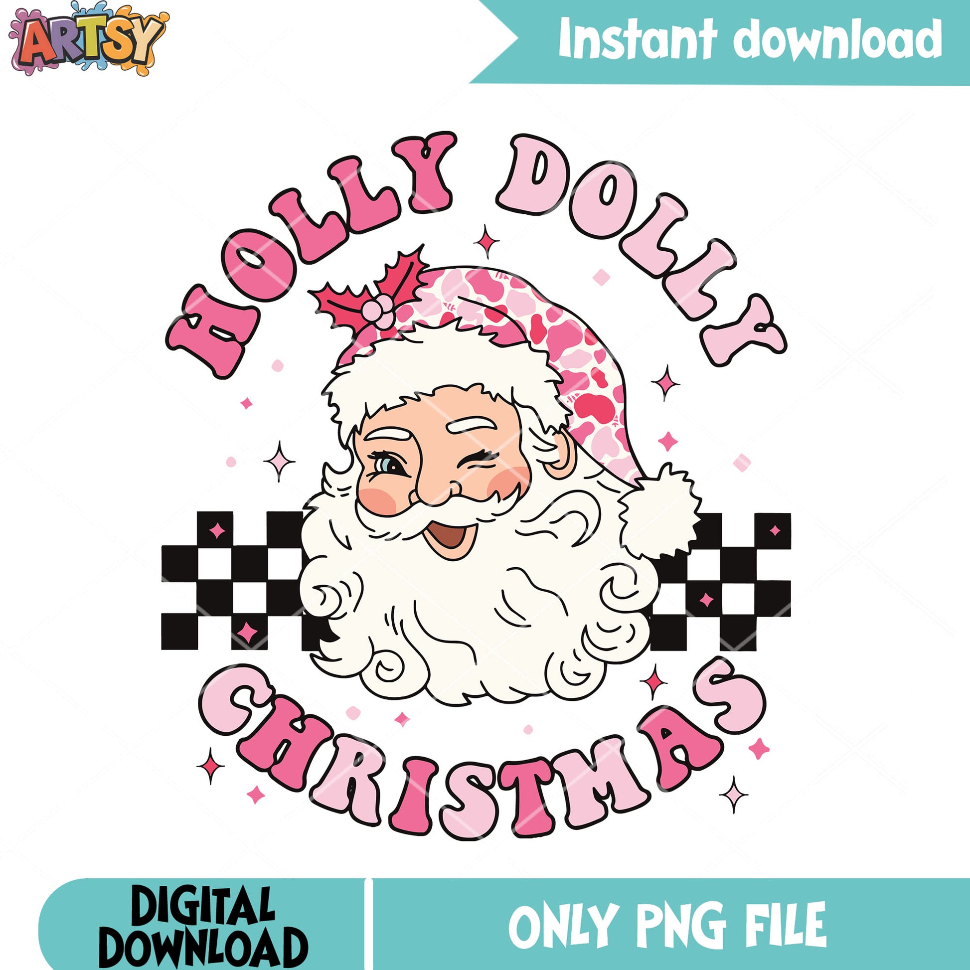 Retro holly dolly funny png, pink santa png, claus christmas png