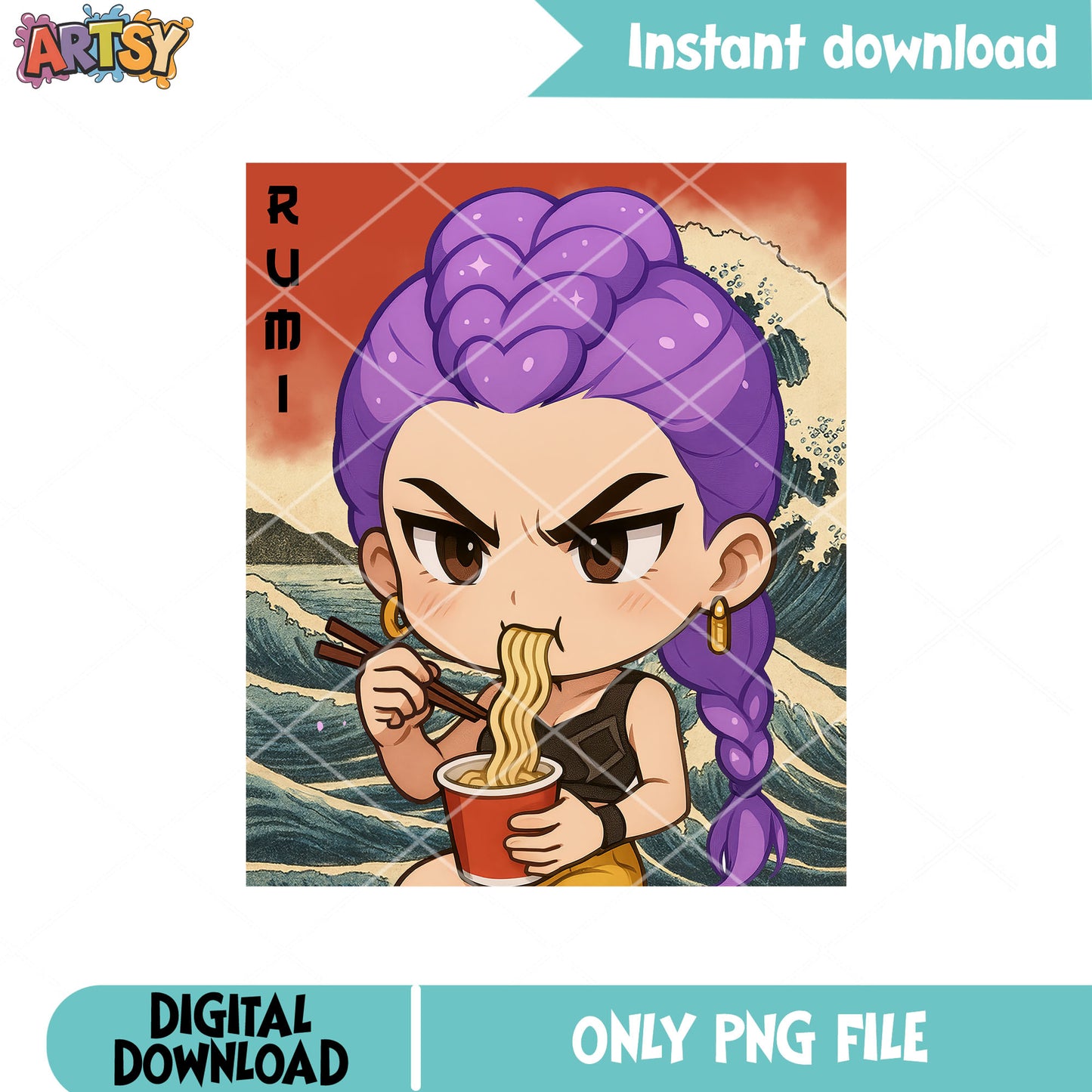 Rumi chibi eat ramyeon png, rumi huntrix png, kpop demon hunter png