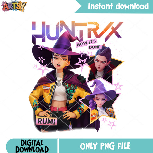 Rumi costume halloween png, huntrix kpop png, happy halloween png