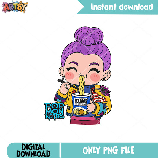 Rumi eating ramen png, rumi huntrix png, huntrix kpop png
