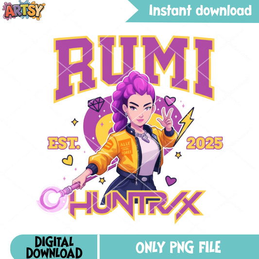 Rumi huntrix member png, kpop character png, anime girl purple png