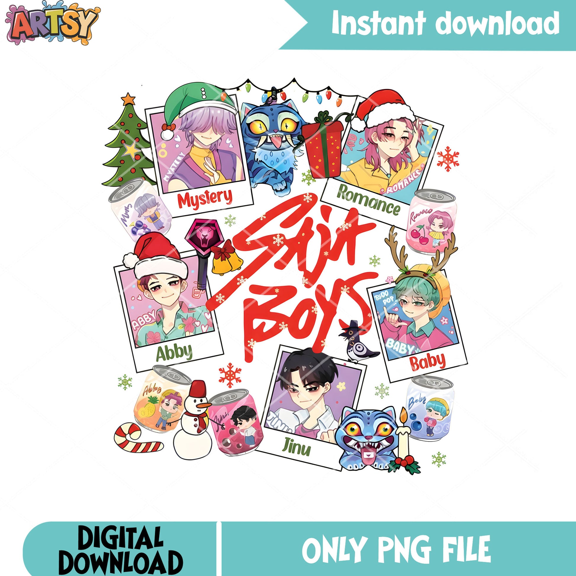 Saja boys snowflake png, strings liight png, christmas tree png