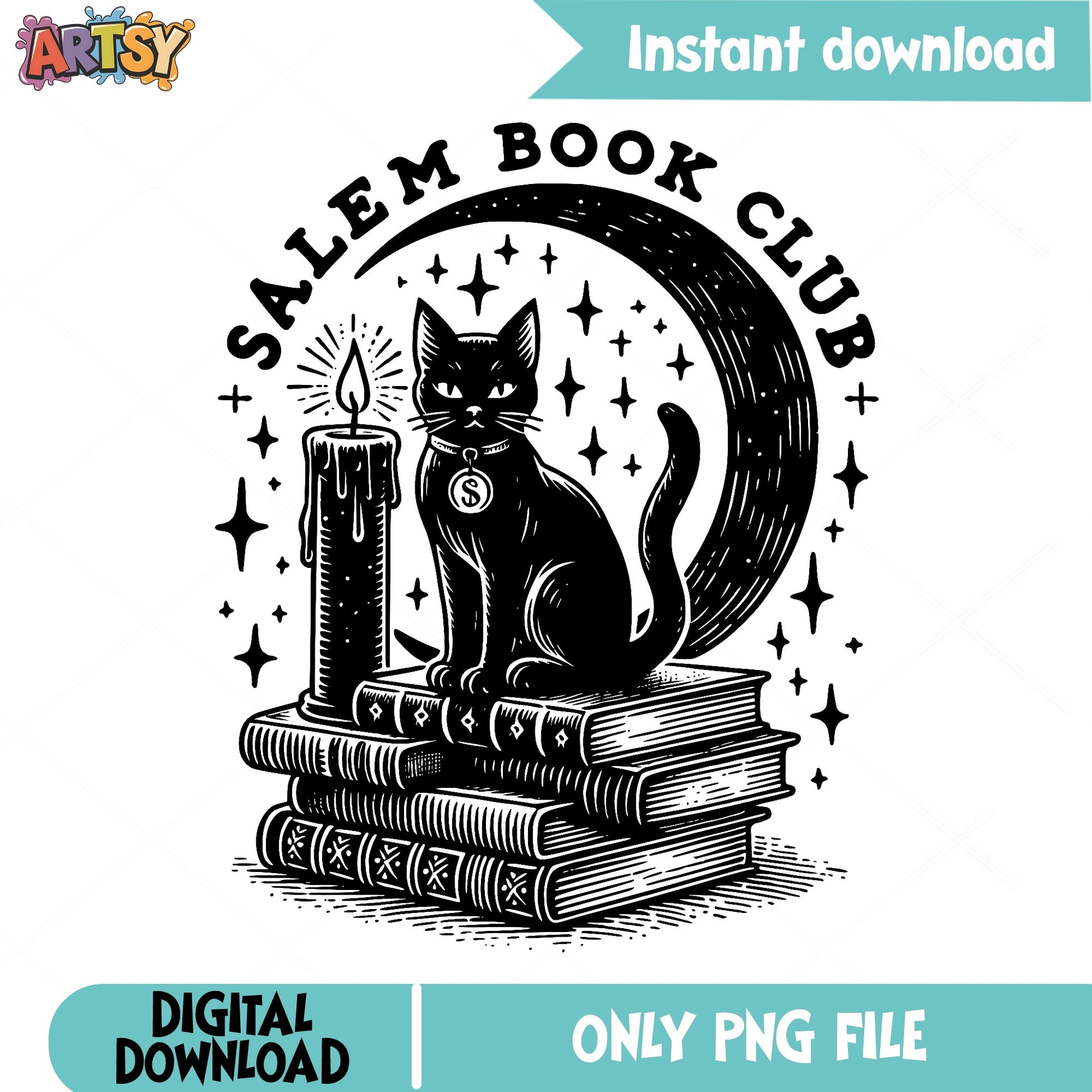Salem Book Club PNG, Black Cat Halloween PNG, Witch PNG