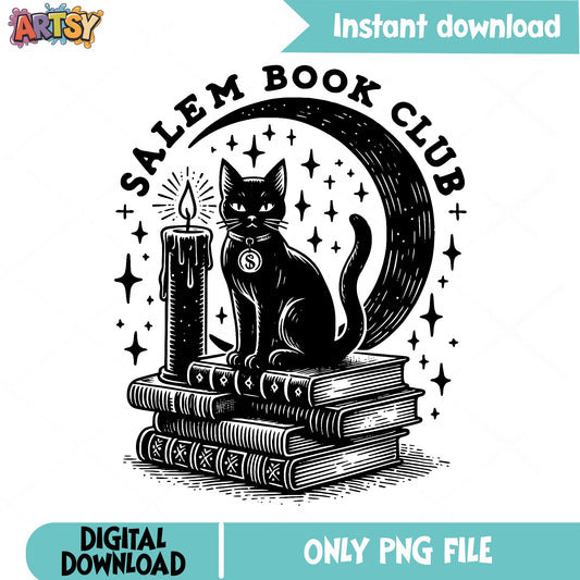 Salem Book Club PNG, Black Cat Halloween PNG, Witch PNG