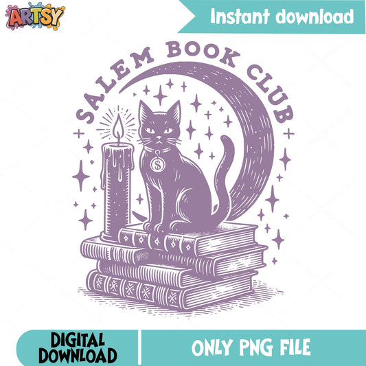 Salem Book Club PNG, Black Cat Witch PNG, Halloween PNG
