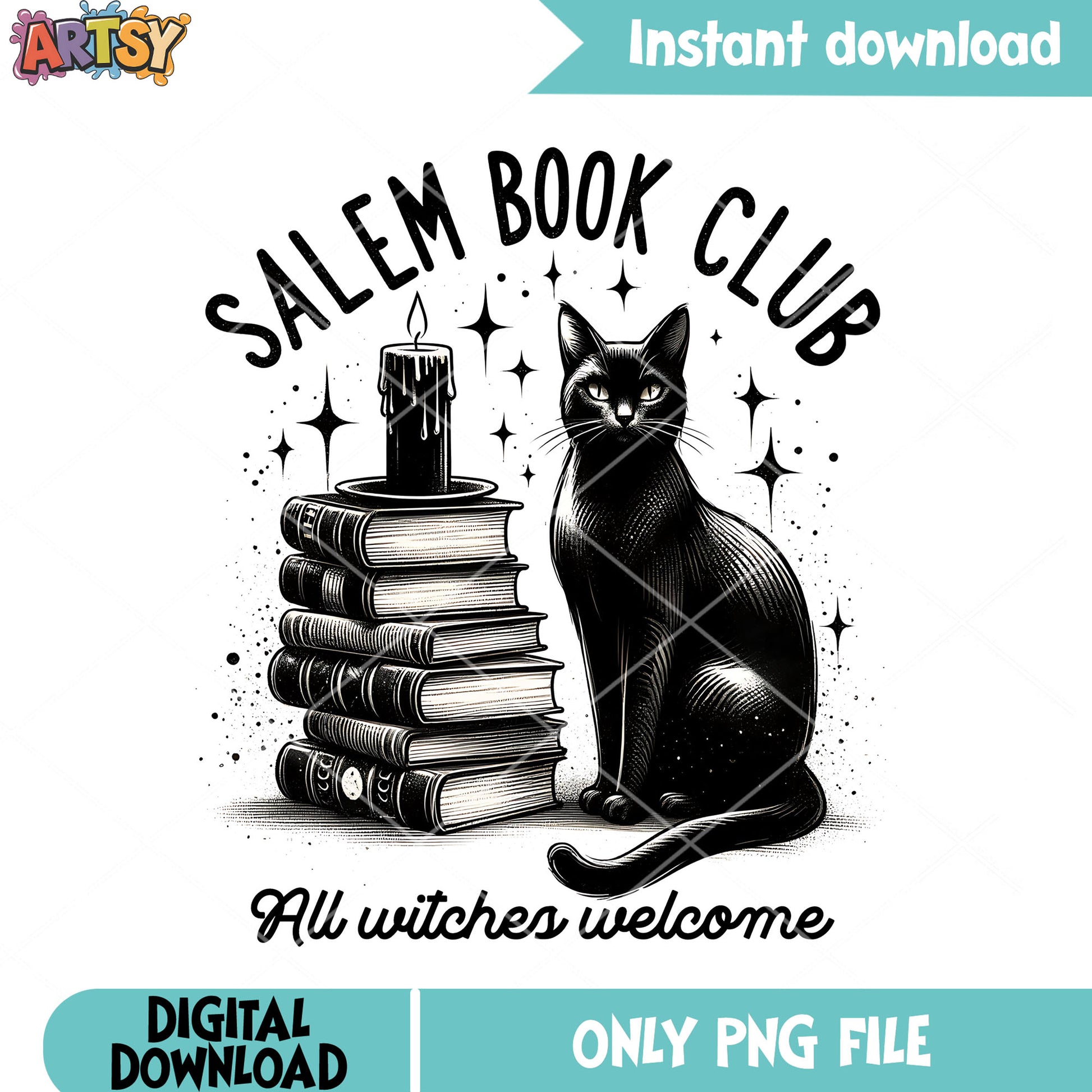 Salem book club all wicth welcome png, black cat png, halloween png