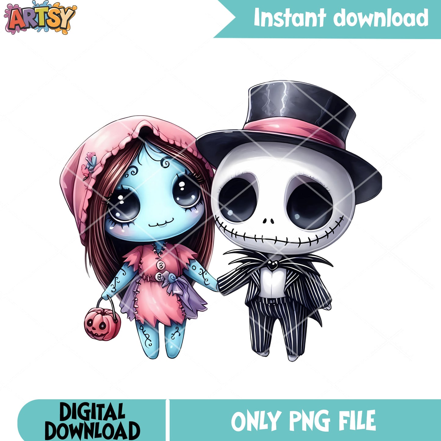 Sally chibi pink dress png, cute halloween png, jack skeling ton png