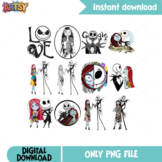 Sally jack nightmare png bundle, jack and sally​ png, halloween nightmare png