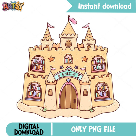 Sand Castle Bookstore PNG, Beach Book Lover PNG, Summer PNG