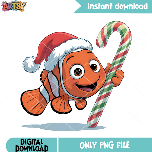 Santa candy cane nemo png, christmas vibes png, clownfish nemo png