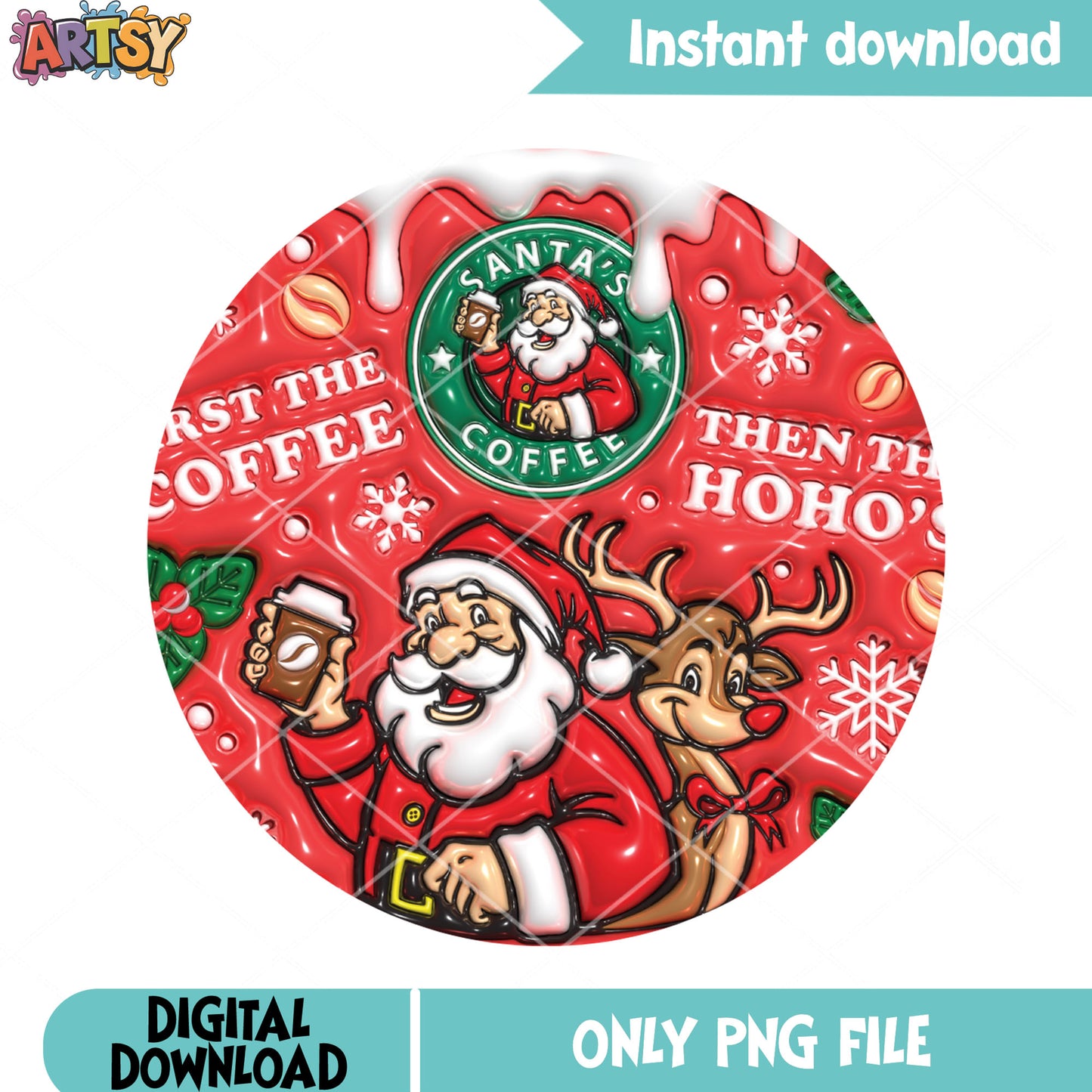Santa cruz coffee​ png, santa reindeer png, happy santa cute png