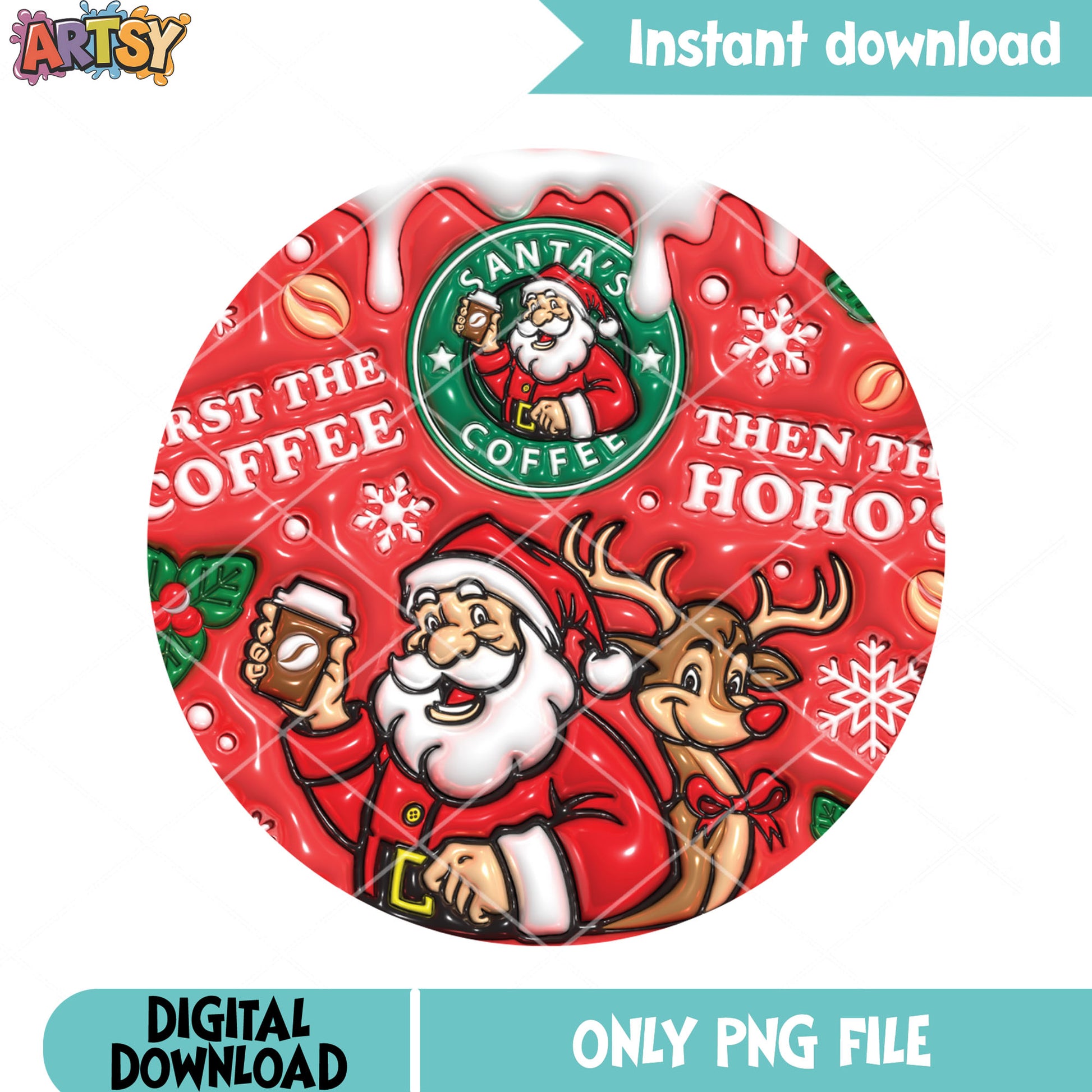 Santa cruz coffee​ png, santa reindeer png, happy santa cute png