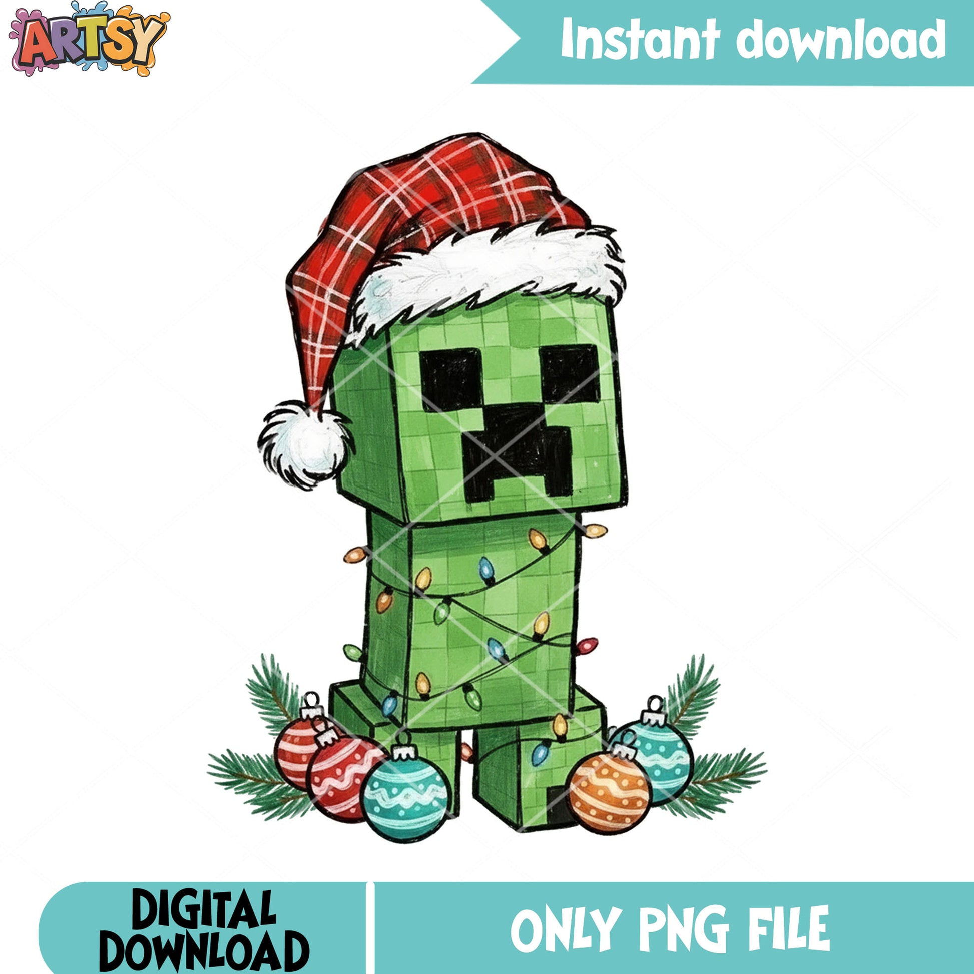 Santa hat creeper xmas png, minecraft png, christmas decor png