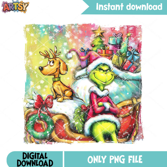 Santa sleigh png, How the grinch stole christmas png, max the dog​ png