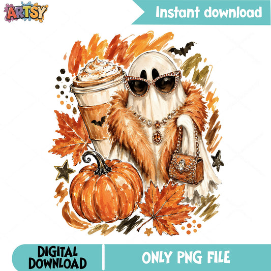 Sassy Ghost Pumpkin Spice Latte PNG, Fall Halloween PNG, Boujee Ghost PNG
