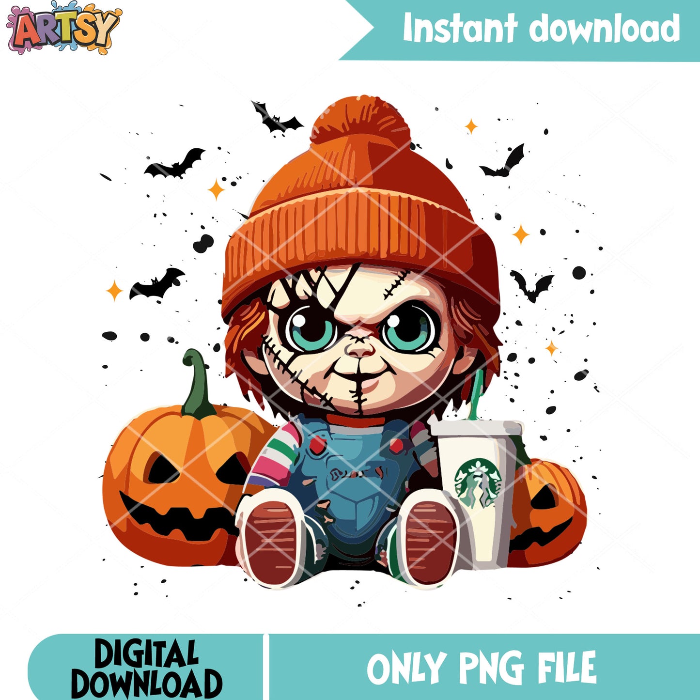 Scared face chucky png, wicker pumpkin png, halloween scary png