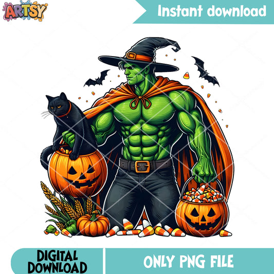 Scary Hulk with black cat, halloween dc comics png, spooky costume png