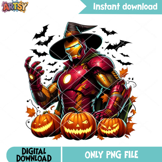 Scary Pumpkin iron man png, witch costume png, Marvel Halloween png