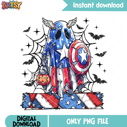 Scary baby ghost png, halloween marvel png, captain america png