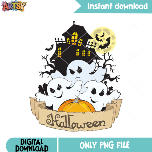 Scary bats png, spooky castle png, spooky halloween png