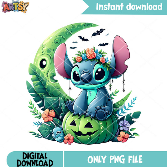 Scary bats stitch png, jack o lantern png, cresnet moon png
