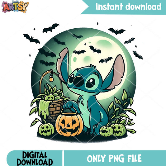 Scary bats stitch png, wicker pumpkin png, spooky halloween png