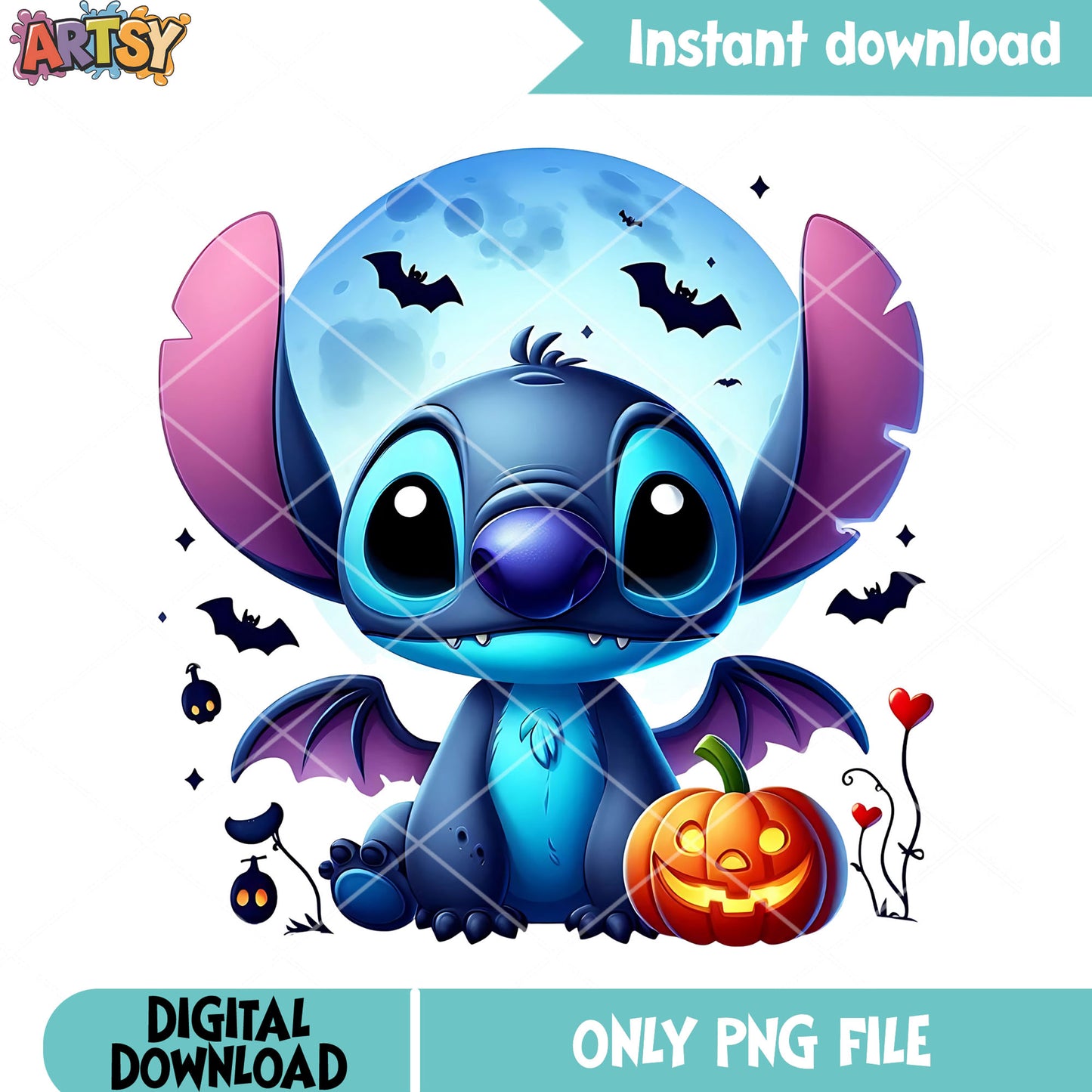 Scary blue night png, spooky halloween png, cute stitch png