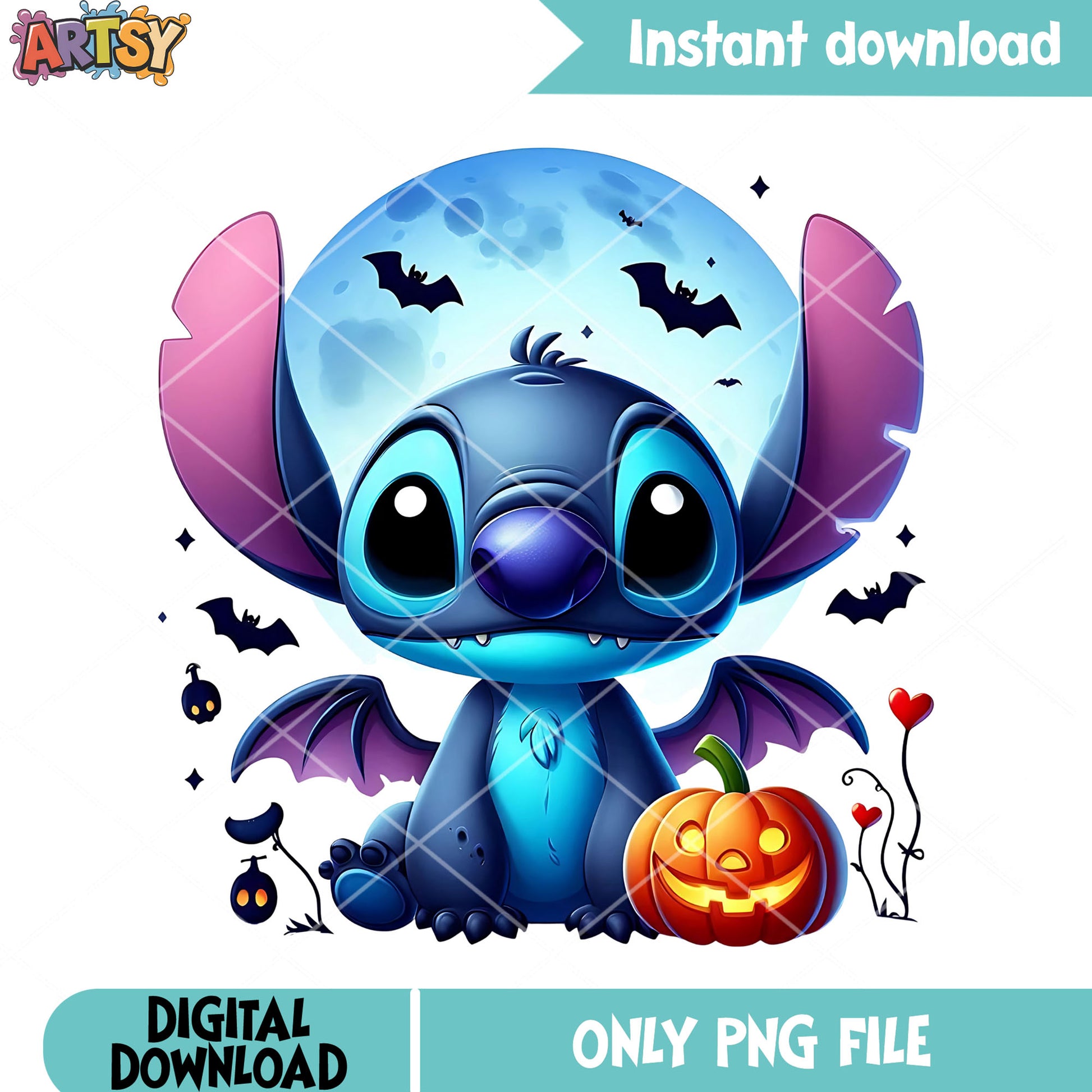 Scary blue night png, spooky halloween png, cute stitch png