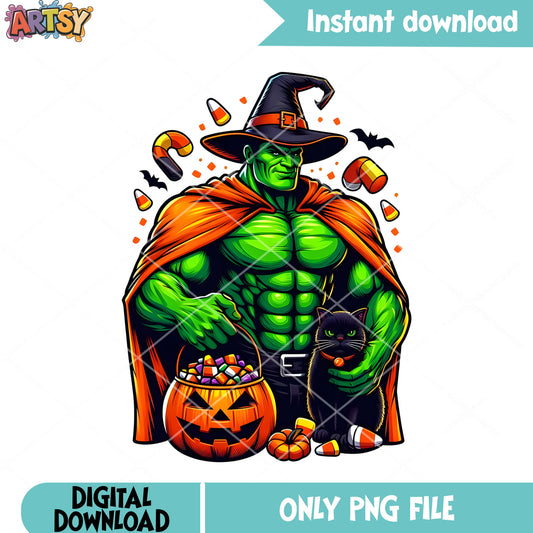 Scary bruce witch costume png, wicker pumpkin png, marvel halloween png