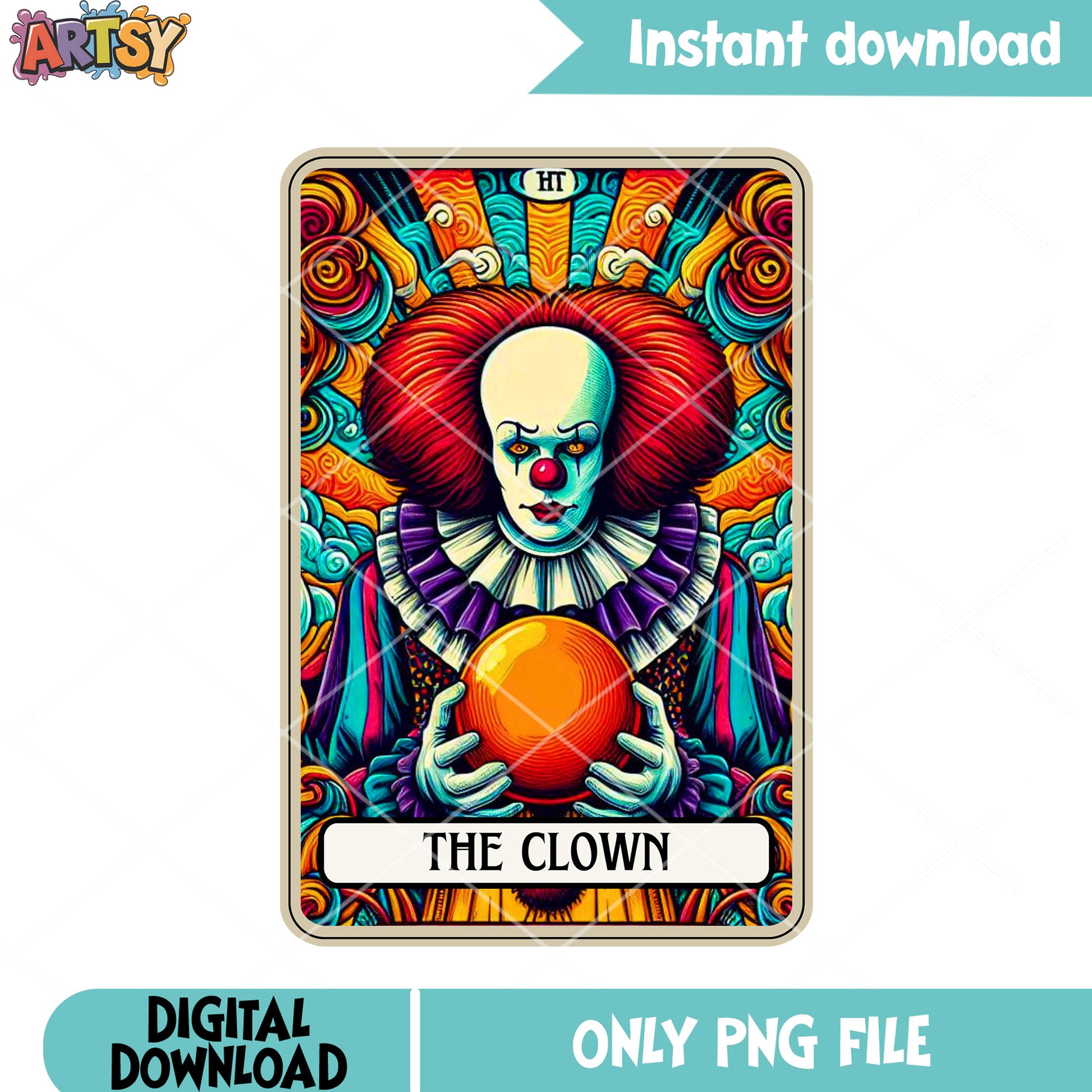 Scary card the clown red eyes png, red pearl png, magic cloud​ png