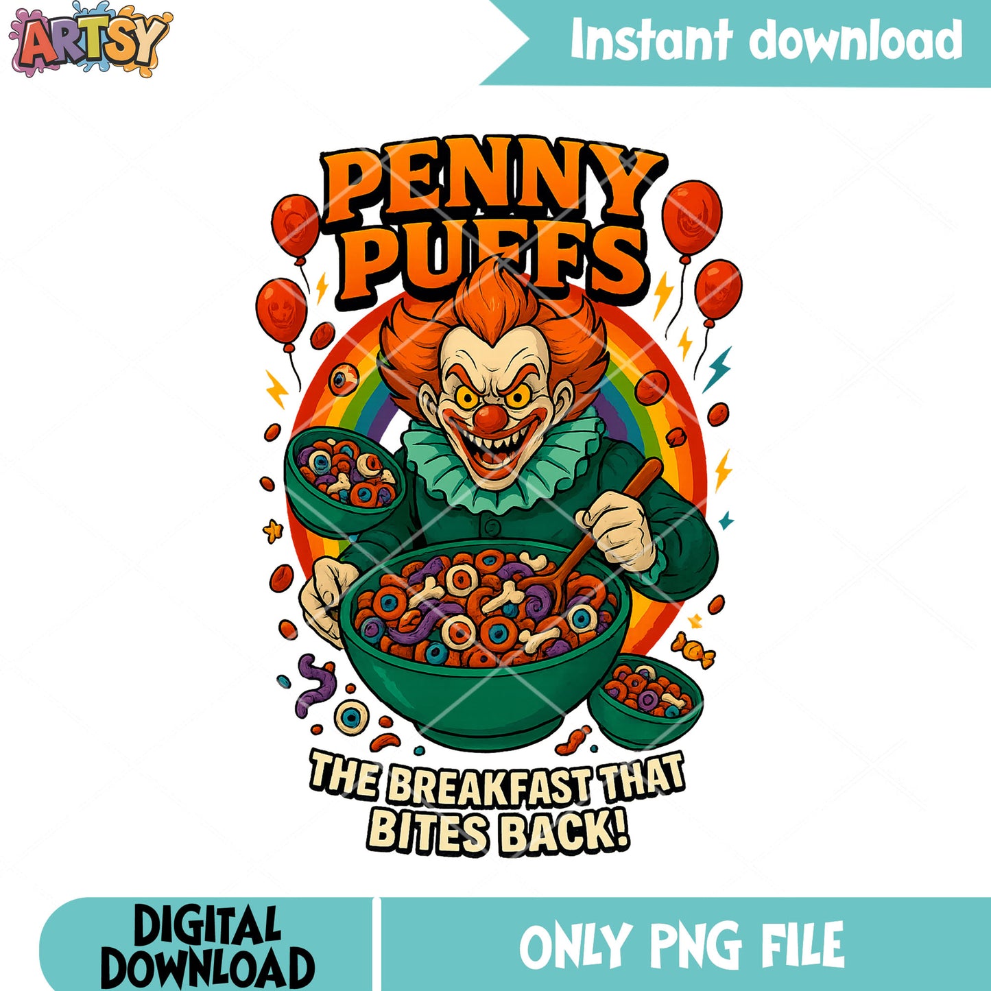 Scary clown red balloon png, halloween party png, bone cereal png