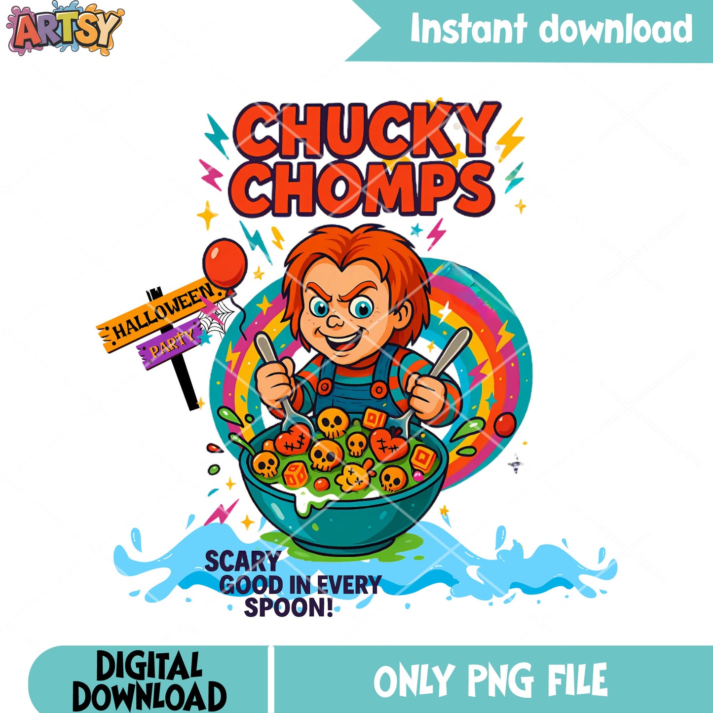 Scary good in every spoon png, halloween party png, chucky doll png