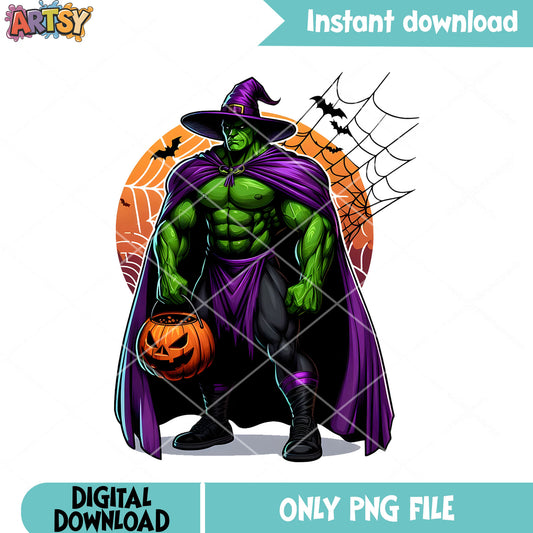 Scary night with Hulk png, witch costume png, jack o lantern halloween ​png