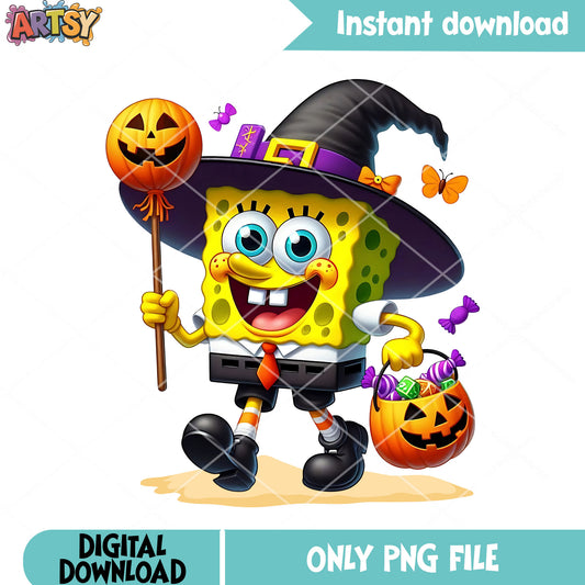 Scary pupmkin sponge bob png, witch costume png, scary halloween png