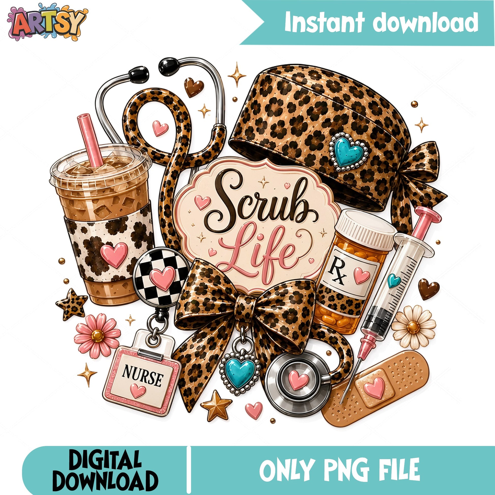 Scrub Life Nurse PNG, Leopard Print Nurse Life PNG, Coquette PNG