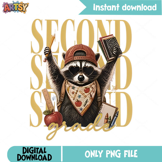 Second Grade Raccoon PNG, Back To School PNG, 2nd Grade PNG