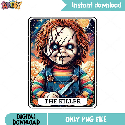 Serial killer baby doll png, shinny sun png, scary halloween png