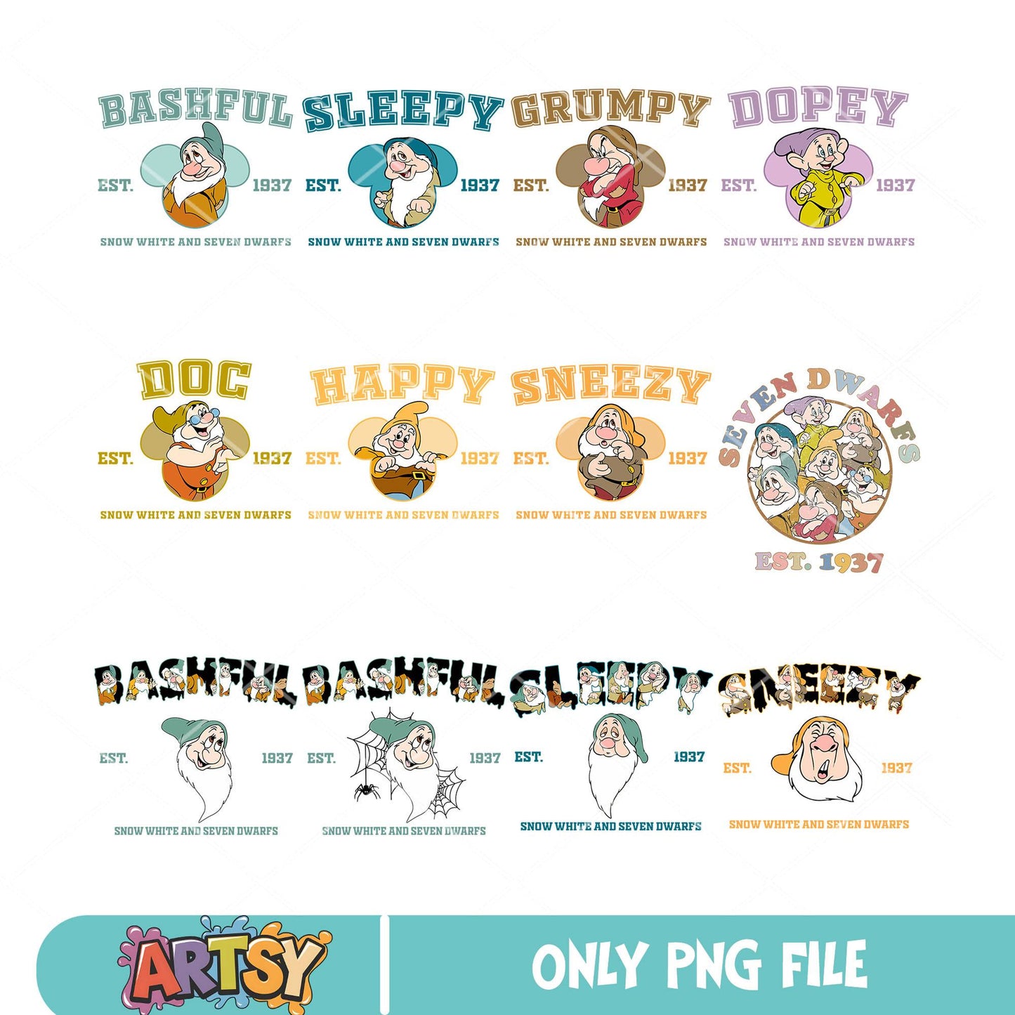 Seven drawf 1937 halloween png bundle, disney drawf png, halloween est png