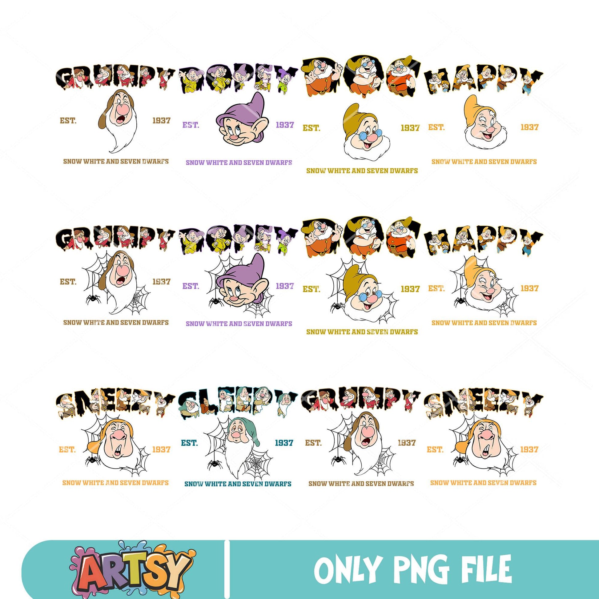 Seven drawf halloween est png bundle, disney drawf png, halloween est png
