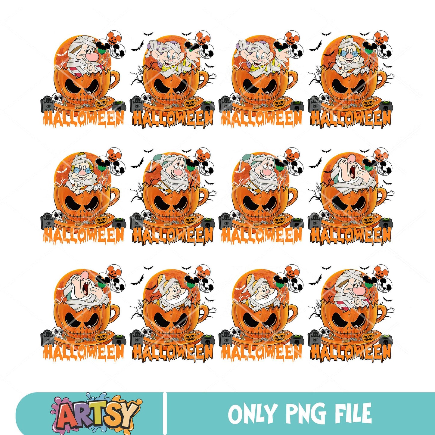 Seven drawf halloween png bundle, snow white png, pumpkin disney png