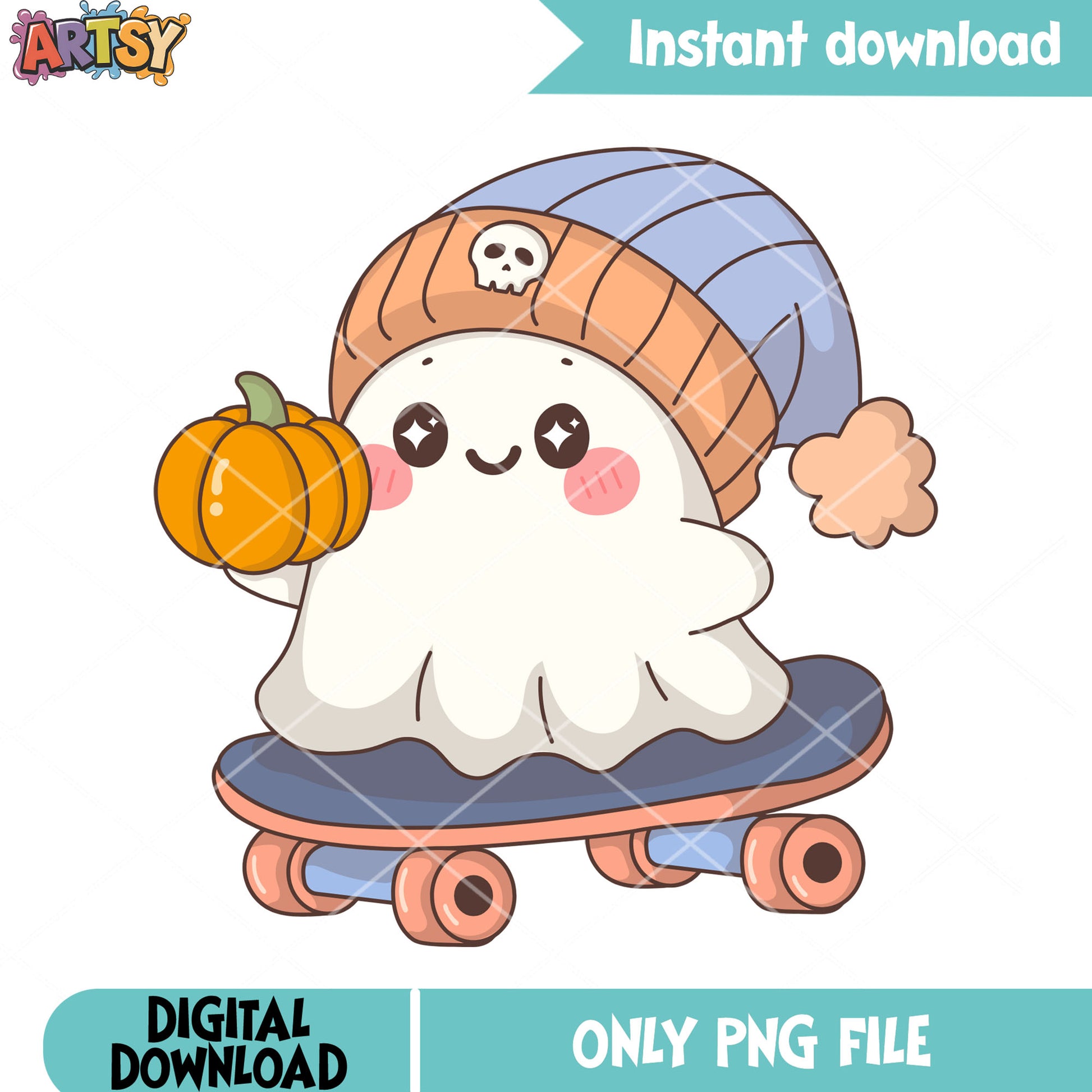 Shinny eyes ghost pumpkin png, skateboard png, halloween scary png
