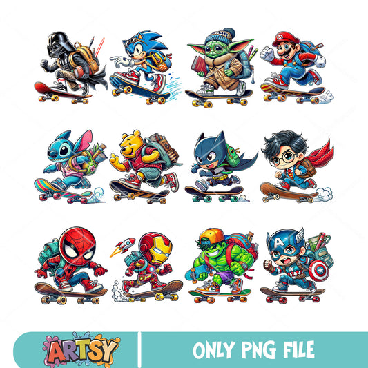 Skateboarding cartoon heroes png bundle, marvel kid skate png, cute hero png