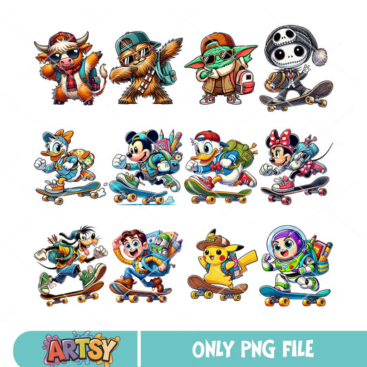 Skateboarding cartoon png bundle, disney back school png, cute kid png